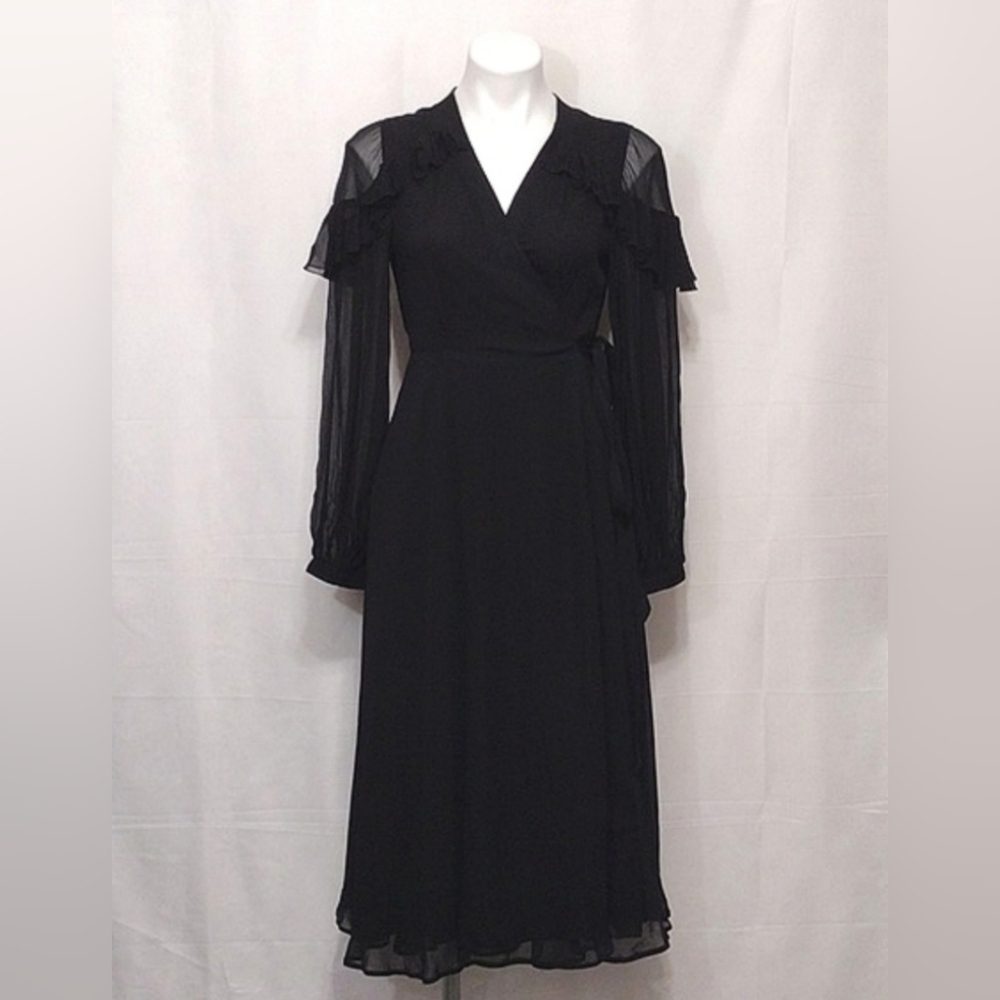 Polo Ralph Lauren Black Chiffon Romantic Long Sleeve Wrap Midi Dress 6 MSRP $398